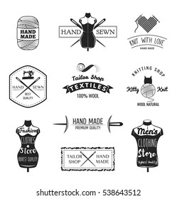 Set of vintage tailor labels, emblems and designed elements. Tailor shop theme. Isolated