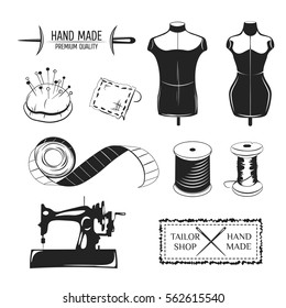 Set of vintage tailor labels, emblems and designed elements. Tailor shop theme. Isolated