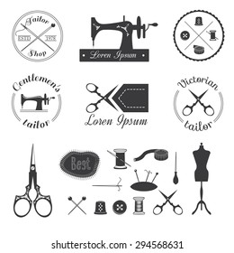 Set of vintage tailor logo, emblem, labels, badges and retro design elements. Sewing supplies.