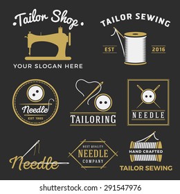 Set of vintage tailor shop emblem logo, labels, badges design elements. Monochrome sewing shop logo template collection. Vector illustration