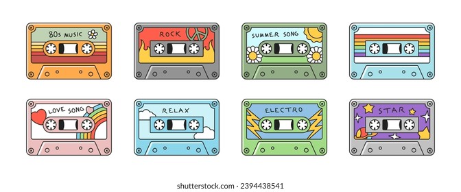 Set of vintage tape Cassettes. Retro audio cassettes with music in style of eighties. Rock, relax, electro and star songs. Cartoon flat vector collection isolated on white background