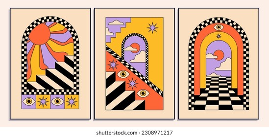 Set of vintage tarot hippie styled posters with surreal abstract arch doorways and architecture for wall art decoration print or cards or music album covers. Vector illustration
