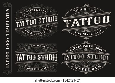 Set of vintage tattoo emblems, logos, badges. Tattoo lettering illustration. Text and design elements are in separate groups.