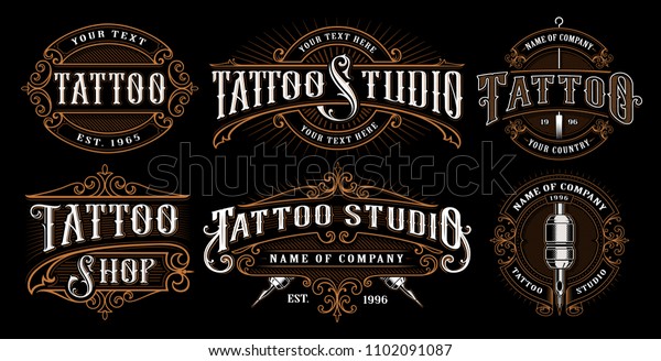 Set of vintage\
tattoo emblems, logos, badges, shirt graphics. Tattoo lettering\
illustration. All elements, text are on the separate layer.\
(VERSION FOR DARK\
BACKGROUND).