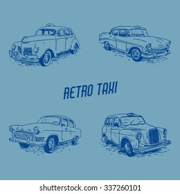 Set of vintage taxi. Retro transport. Old times. Vector hand drawn sketch.