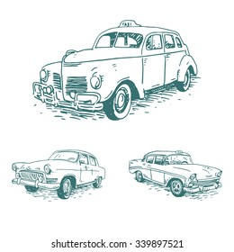 Set of vintage taxi. Retro transport. Old times. Vector hand drawn sketch.