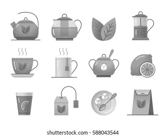 Set of vintage tea icons. Pictogram collection with cup, teapot, leaf of mint, nature beverage, sugar and spoon, teabag, lemon and paper pack. Black and white design elements with retro texture.