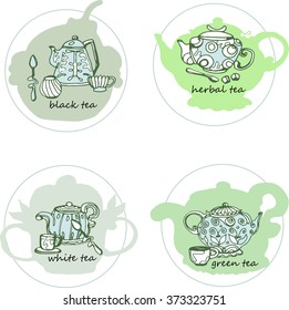 Set with vintage tea porcelain. Vector labels. Kettles and cups. teapot tags.