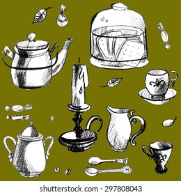 Set of  vintage  tea table elements. Pattern as well. Hand drawn graphic sketch.