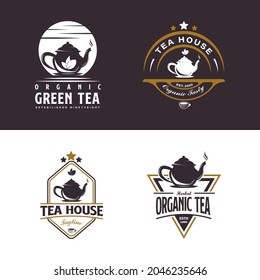 Set of Vintage Teapot Logo. With tea leaf, cup, oolong, herb, and stars icon. Retro, premium, and luxury logo template.