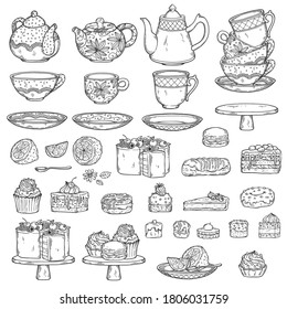 Set of vintage teapots, tea cups and cakes ink drawing outline sketch vector illustration isolated on white background. Line art collection for teatime and teahouse.