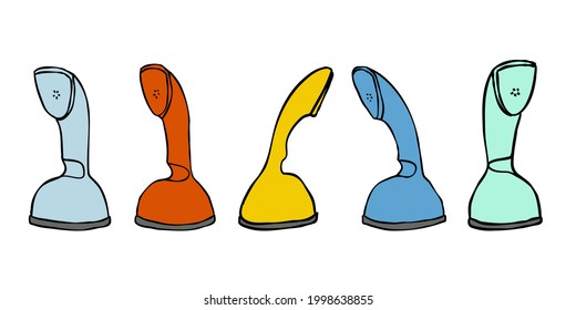 Set of vintage telephones isolated on white. Hand drawn vector illustration. Flat color design.