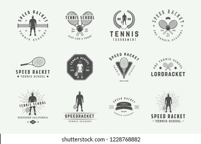 Set of vintage tennis logos, emblems, badges, labels and design elements. Vector illustration. Monochrome Graphic Art.
