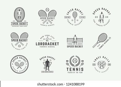 Set of vintage tennis logos, emblems, badges, labels and design elements. Vector illustration. Monochrome Graphic Art.
