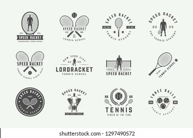 Set of vintage tennis logos, emblems, badges, labels and design elements. Vector illustration. Monochrome Graphic Art. 
