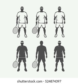 Set of vintage tennis players in different color. Can be used for logo, emblem, badge, label. Graphic Art. Vector Illustration.