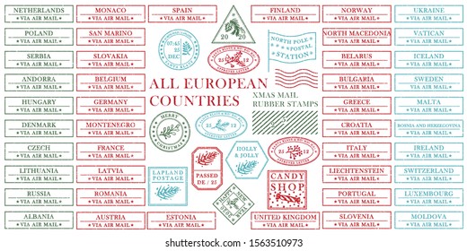 Set of vintage textured grange christmas stamp rubber with holiday symbols in red, green and blue colors All European countries For xmas greeting card, invitations, web banner retro design Vector