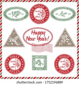 Set of vintage textured grunge christmas stamp rubber with holiday symbols and lettering Happy new Year in xmas colors. For greeting card, invitations, web banner, sale flyers. Vector illustration