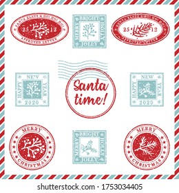 Set of vintage textured grunge christmas stamp rubber with holiday symbols and lettering Santa time in xmas colors. For greeting card, invitations, web banner, sale flyers. Vector illustration