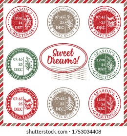 Set of vintage textured grunge christmas stamp rubber with holiday symbols and lettering Sweet Dreams in xmas colors. For greeting card, invitations, web banner, sale flyers. Vector illustration