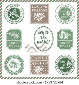 Set of vintage textured grunge christmas stamp rubber with holiday symbols and lettering Joy to the world in xmas colors. For greeting card, invitations, web banner, sale flyers. Vector illustration