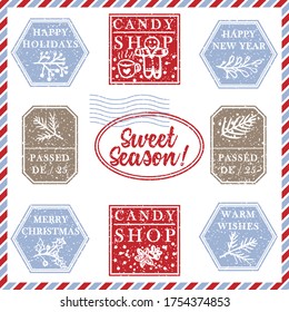 Set of vintage textured grunge christmas stamp rubber with holiday symbols and lettering Sweet Season in xmas colors. For greeting card, invitations, web banner, sale flyers. Vector illustration