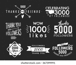 Set of vintage Thank you badges. Social media Followers labels and likes stickers. Handwriting lettering with hipster elements - ribbons, arrow, sunbursts, beard. Vector design on retro background.