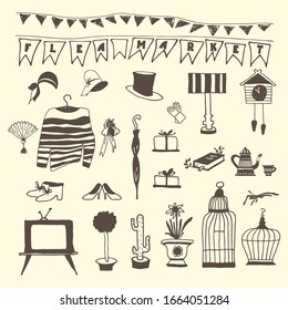 Set of vintage things to create flea market advertising concept. Vector illustration. Hand drawn sketch.
