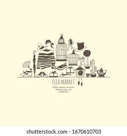 Set of vintage things to create flea market advertising concept.  Monochrome vector illustration. Hand drawn sketch.
