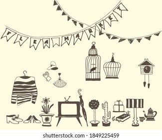 Set of vintage things to create flea market advertising concept. Vector illustration. Hand drawn sketch.