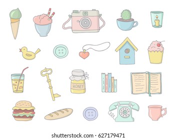 Set of vintage things for design. Hand drawn vector illustration. Retro theme in pastel colors