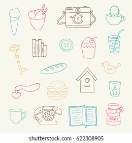 Set of vintage things for design. Photo camera, candle, bread, button, cactus, toy duck, heart, ice cream, dessert, starling house, cocktail, key, books, burger, cup, telephone and a jar with honey