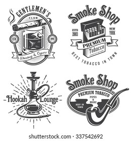 Set of vintage tobacco smoking emblems, labels. badges and logos. Monochrome style. Isolated on white background