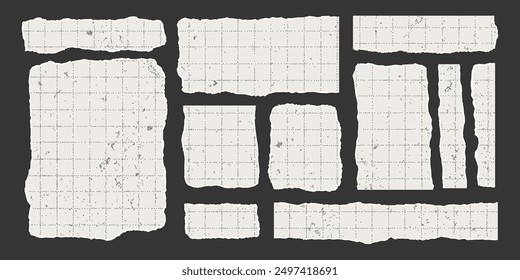 Set of vintage torn rectangular sheets of aged checkered paper with jagged edges. Torn vector elements of different shapes and sizes with gritty texture. Empty space for text, banner template.