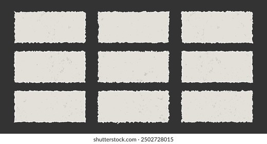 Set of vintage torn rectangular sheets of aged paper with jagged edges. Torn vector elements with gritty texture. Empty space for text, template for banner and poster.