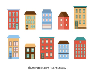 Conjunto de edificios de pueblo antiguos de estilo plano geométrico. Constructor de ciudad para fondo de banners, portadas. Ilustración vectorial dibujada por mano