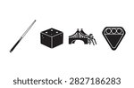 A set of vintage toy items featuring a pencil, dice, bridge, and guitar pick, showcasing nostalgic playthings and collectible objects for enthusiasts.