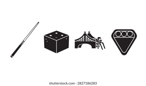 A set of vintage toy items featuring a pencil, dice, bridge, and guitar pick, showcasing nostalgic playthings and collectible objects for enthusiasts.