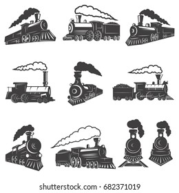 Set Of Vintage Trains Isolated On White Background. Design Element For Label, Brand Mark, Sign, Poster. Vector Illustration