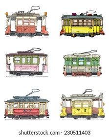 set of vintage trams - cartoon
