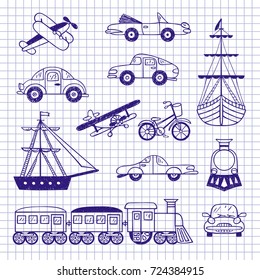 Set of vintage transport. Retro transport hand-drawn on notebook sheet.
