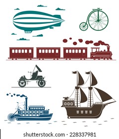 Set of vintage transportation icons: bicycle, zeppelin, train, pirate ship, car, steamboat. 