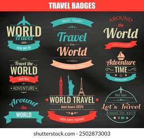 Set of vintage Travel badges and labels. Holiday Elements Icons. Travel and Tourism. Vector illustration