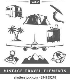 Set of vintage travel elements isolated on white background. Vector illustration