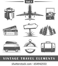 Set of vintage travel elements isolated on white background. Vector illustration