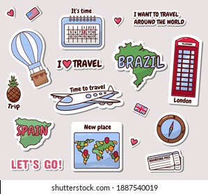 Set of vintage travel labels with hand drawn elements isolated on beige background. Travel goods. Cartoon style. Flat design. Vector illustration