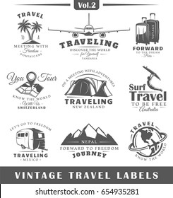 Set of vintage travel labels isolated on white background. Posters, stamps, banners and design elements. Vector illustration