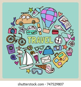 Set of vintage travel objects. Retro card.