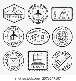 Set of vintage travel stamps featuring travel icons like planes, trains, and ships. Travel-themed stamps for air mail, express delivery, and travel tickets. Black travel stamps, vector set.