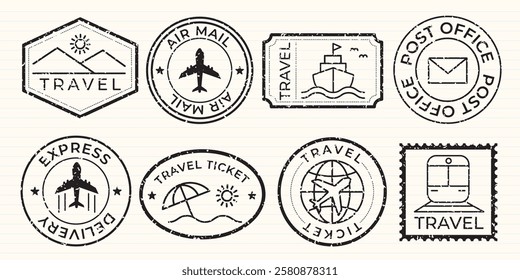 Set of vintage travel stamps featuring planes, boats, and trains. Travel icons include air mail, express delivery, and travel tickets. Retro theme. Black travel stamps, vector set.